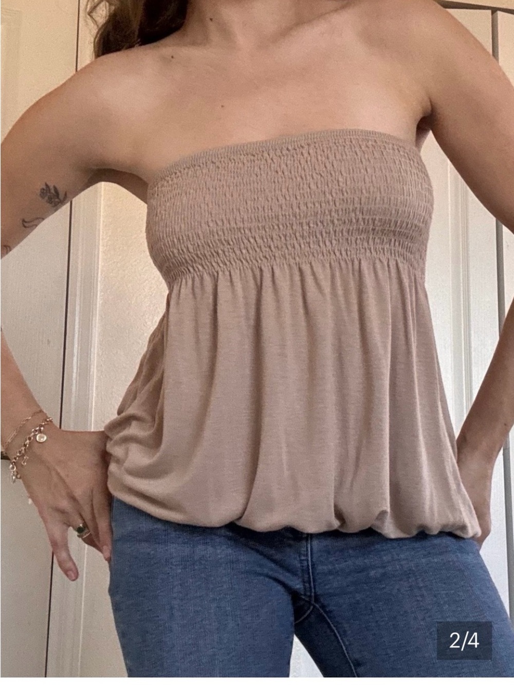 VENUS Taupe Strapless Smocked Bubble-Hem Camisole Top/White
